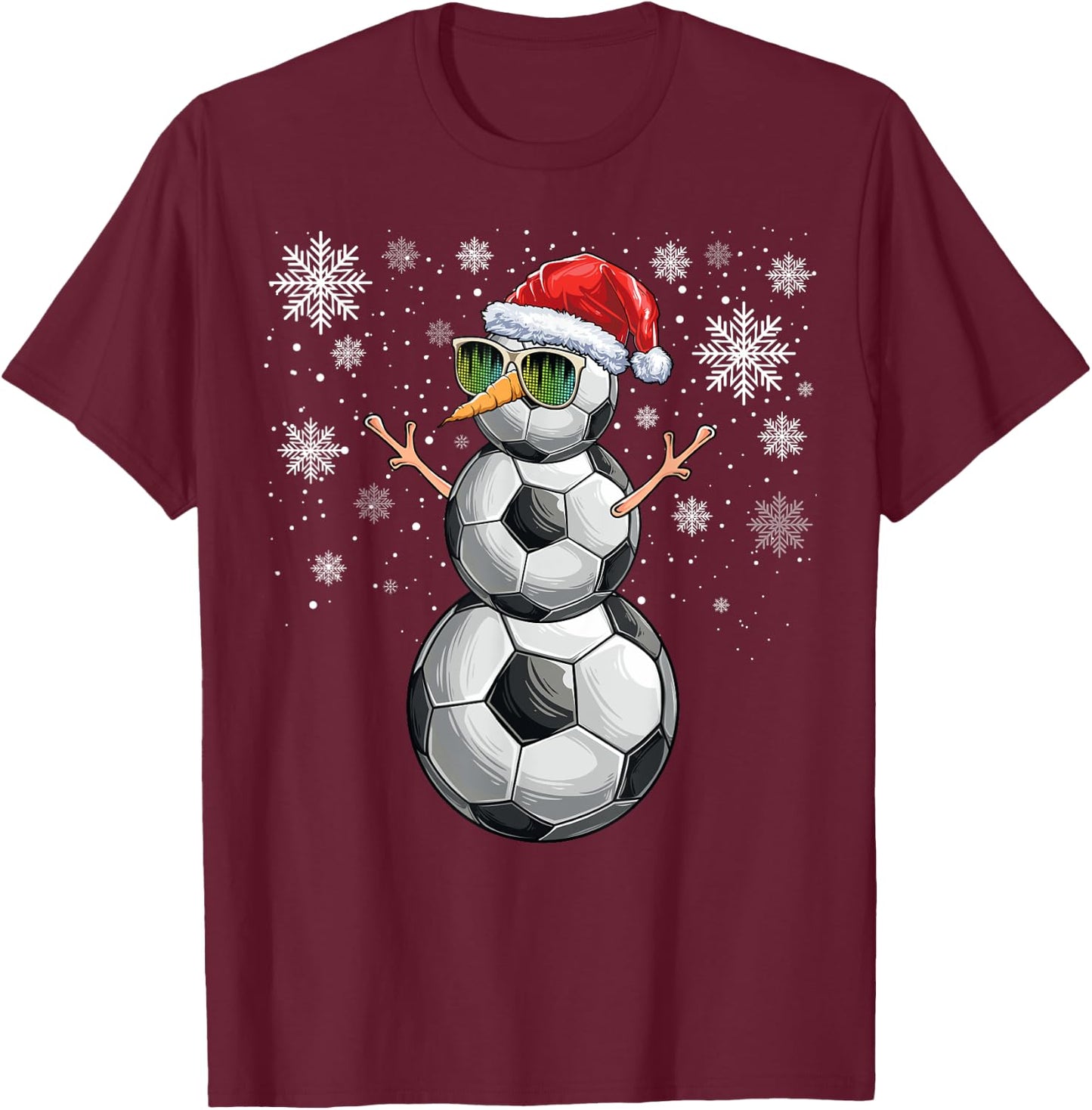 Snowman Soccer Ball Christmas Santa Boys Kids T-Shirt - T-Shirt | Maroon