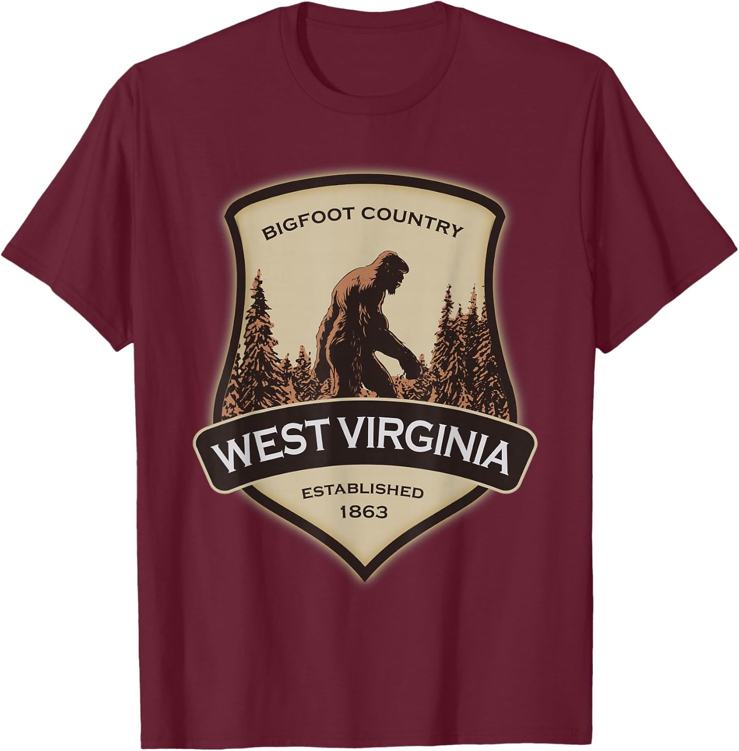 West Virginia and a Bigfoot, or a Sasquatch T-Shirt - T-Shirt | Maroon