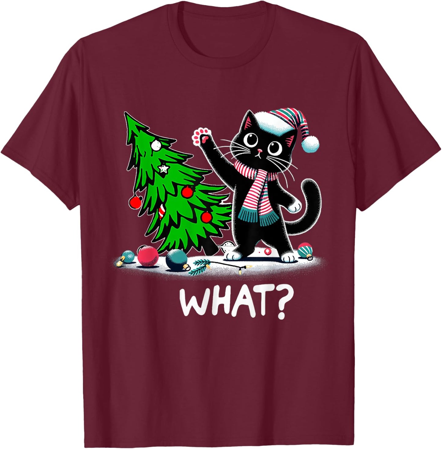 Black Cats Lovers Funny Black Cat Christmas Tree Lights What Men Women Kids T-Shirt - T-Shirt | Maroon