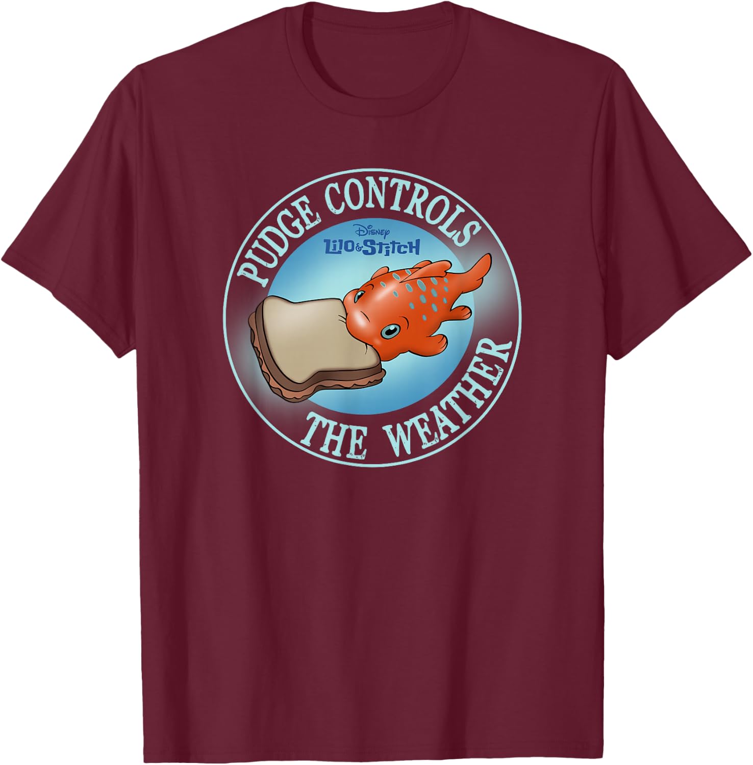 Disney Lilo & Stitch Pudge Controls The Weather Poster T-Shirt - T-Shirt | Maroon