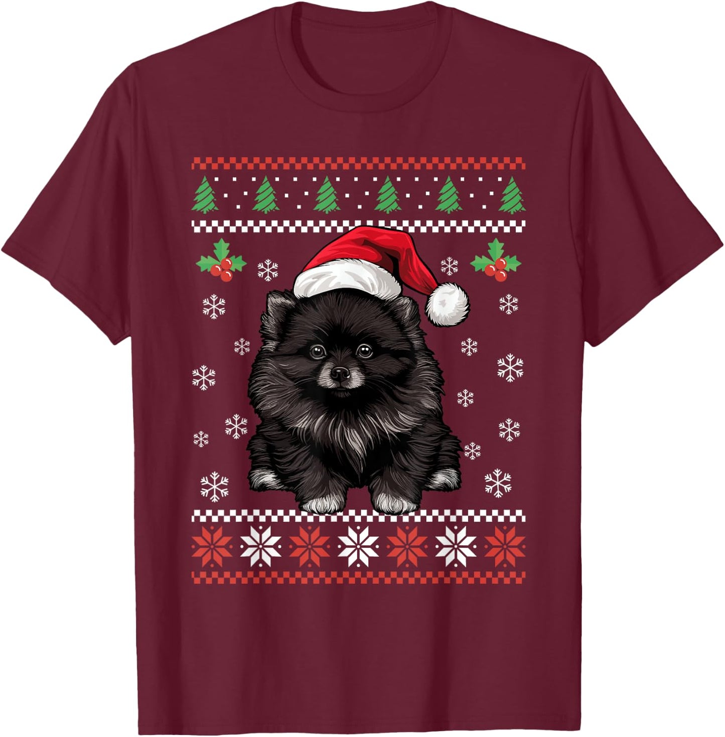 Black Pomeranian Ugly Christmas Sweater Xmas For Adults Kids T-Shirt - T-Shirt | Maroon
