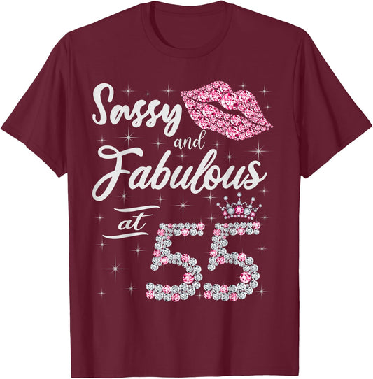 Sassy and Fabulous at 55 55Th Crown Lips Birthday Women Gift T-Shirt - T-Shirt | Maroon