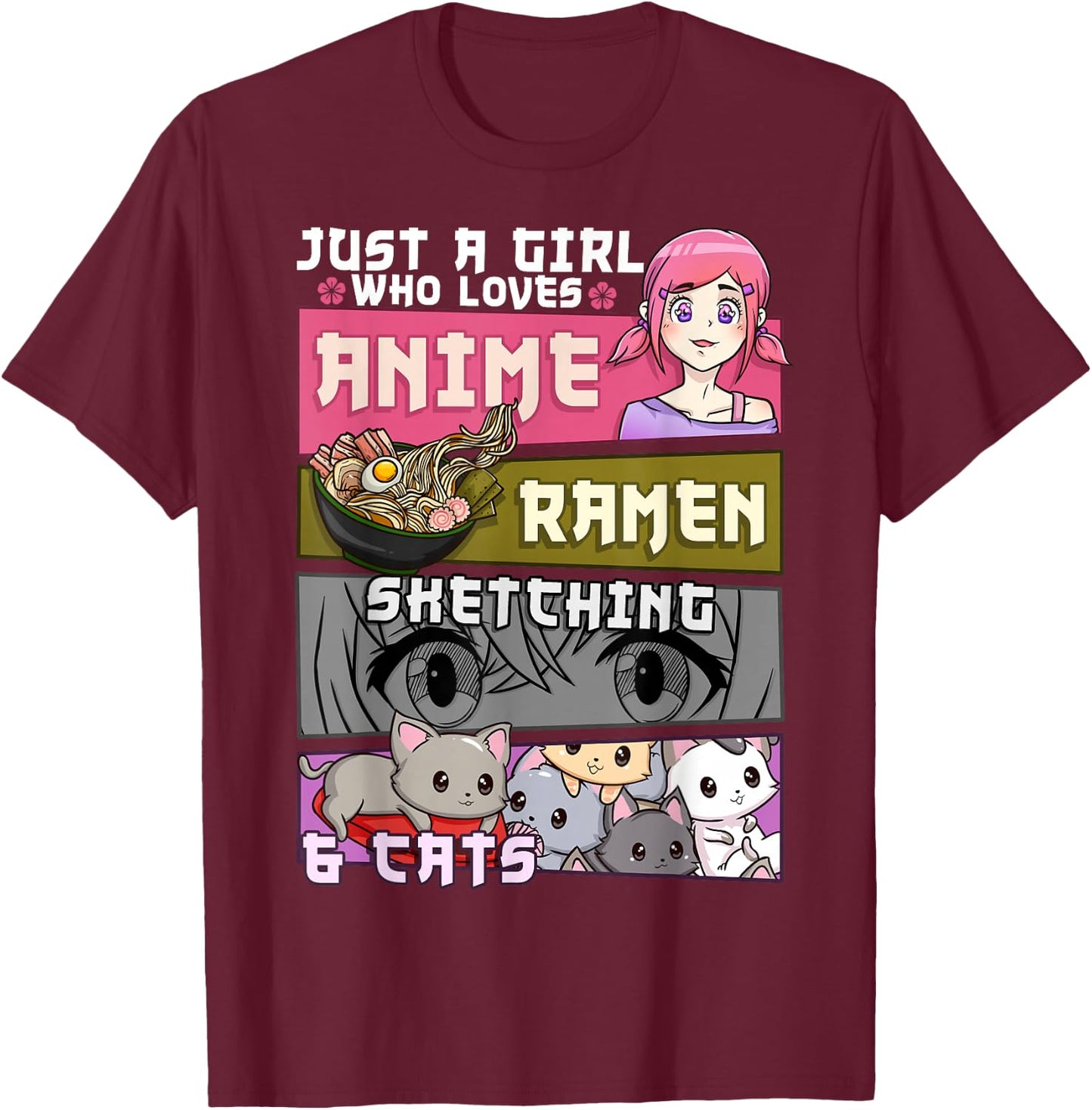 Ramen Cat Anime Sketching Just a Girl Who Loves Small T-Shirt - T-Shirt | Maroon