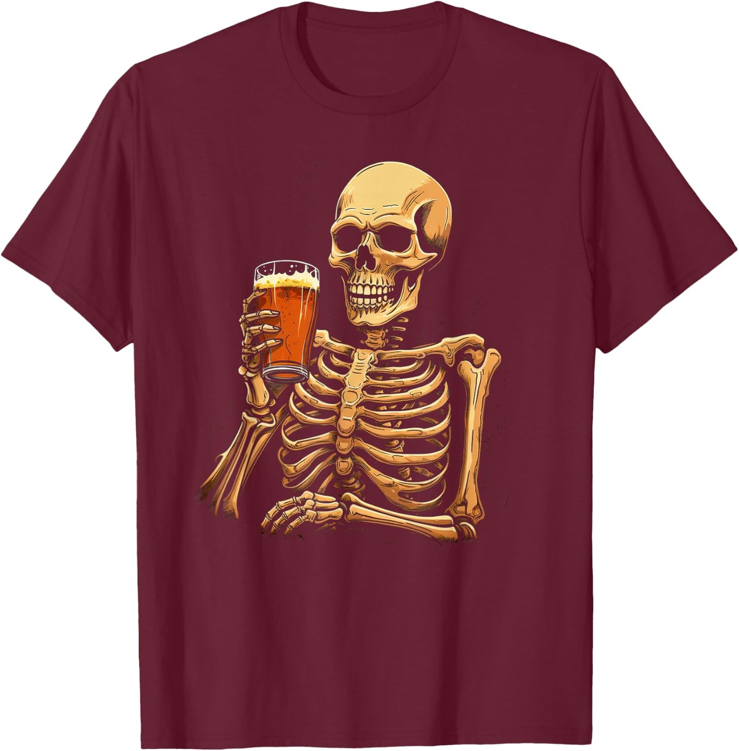 Skeleton Drinking Beer T-Shirt - T-Shirt | Maroon