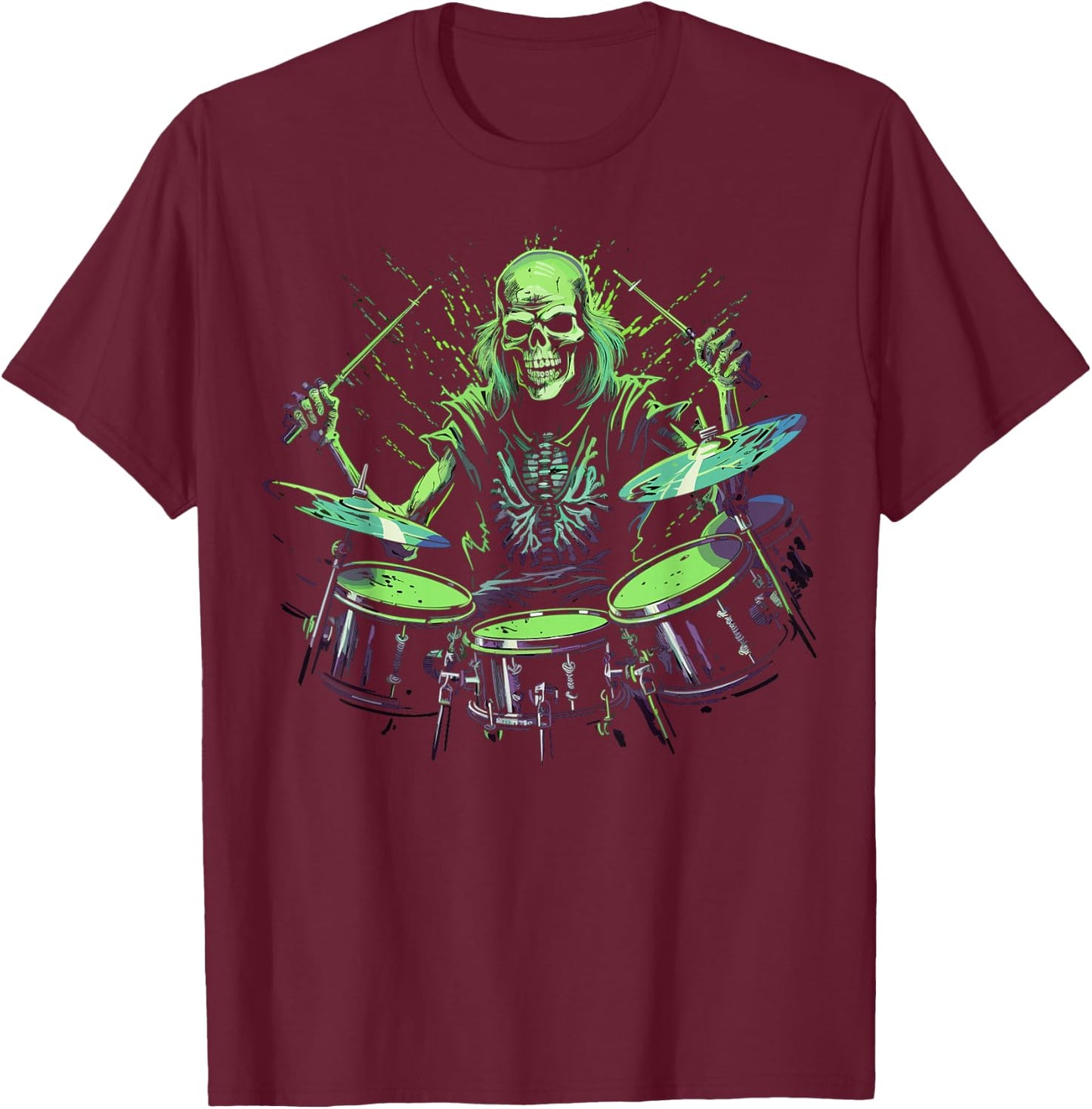 Skeleton Drummer Guy Rock And Roll Band Rock On Drum Kit T-Shirt - T-Shirt | Maroon