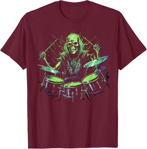 Skeleton Drummer Guy Rock And Roll Band Rock On Drum Kit T-Shirt - T-Shirt | Maroon