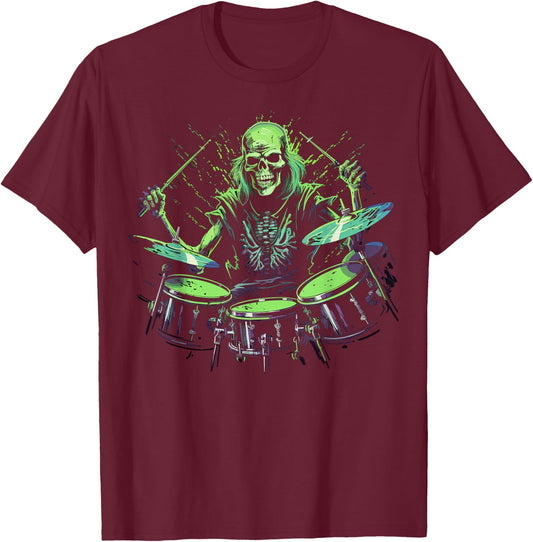 Skeleton Drummer Guy Rock And Roll Band Rock On Drum Kit T-Shirt - T-Shirt | Maroon