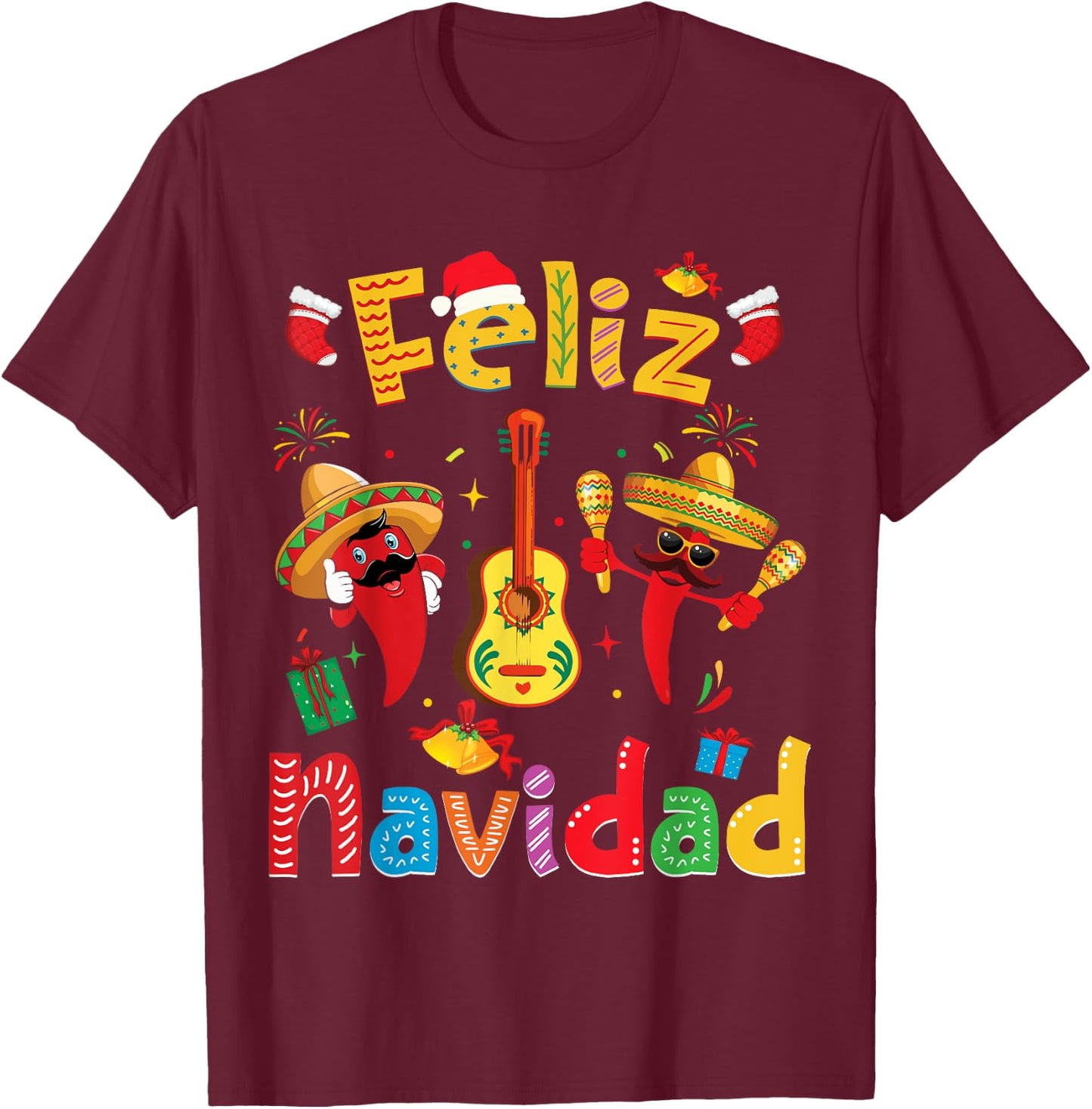 Feliz Navidad Mexican Fiesta Hot Pepper Guitar Xmas Party T-Shirt - T-Shirt | Maroon