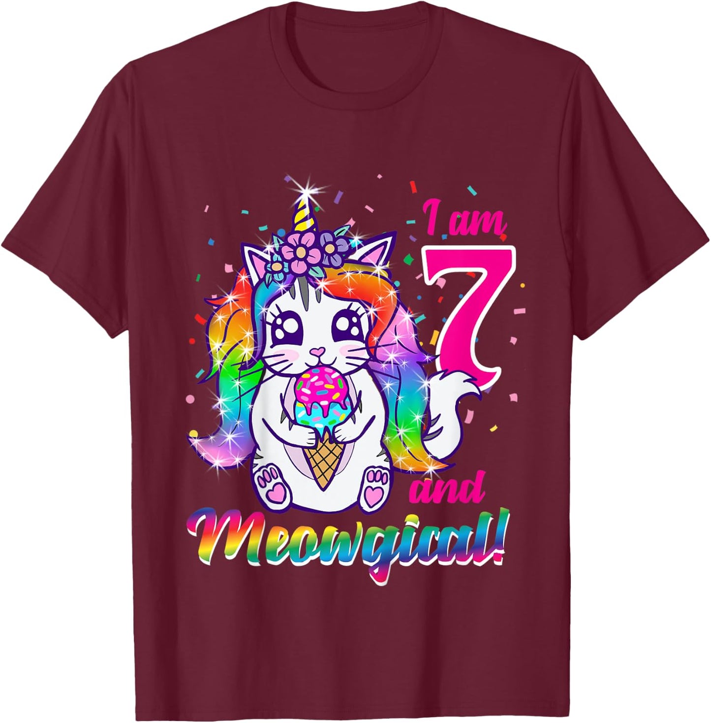 Kids I am 7 and meowgical caticorn kittycorn birthday theme party T-Shirt - T-Shirt | Maroon