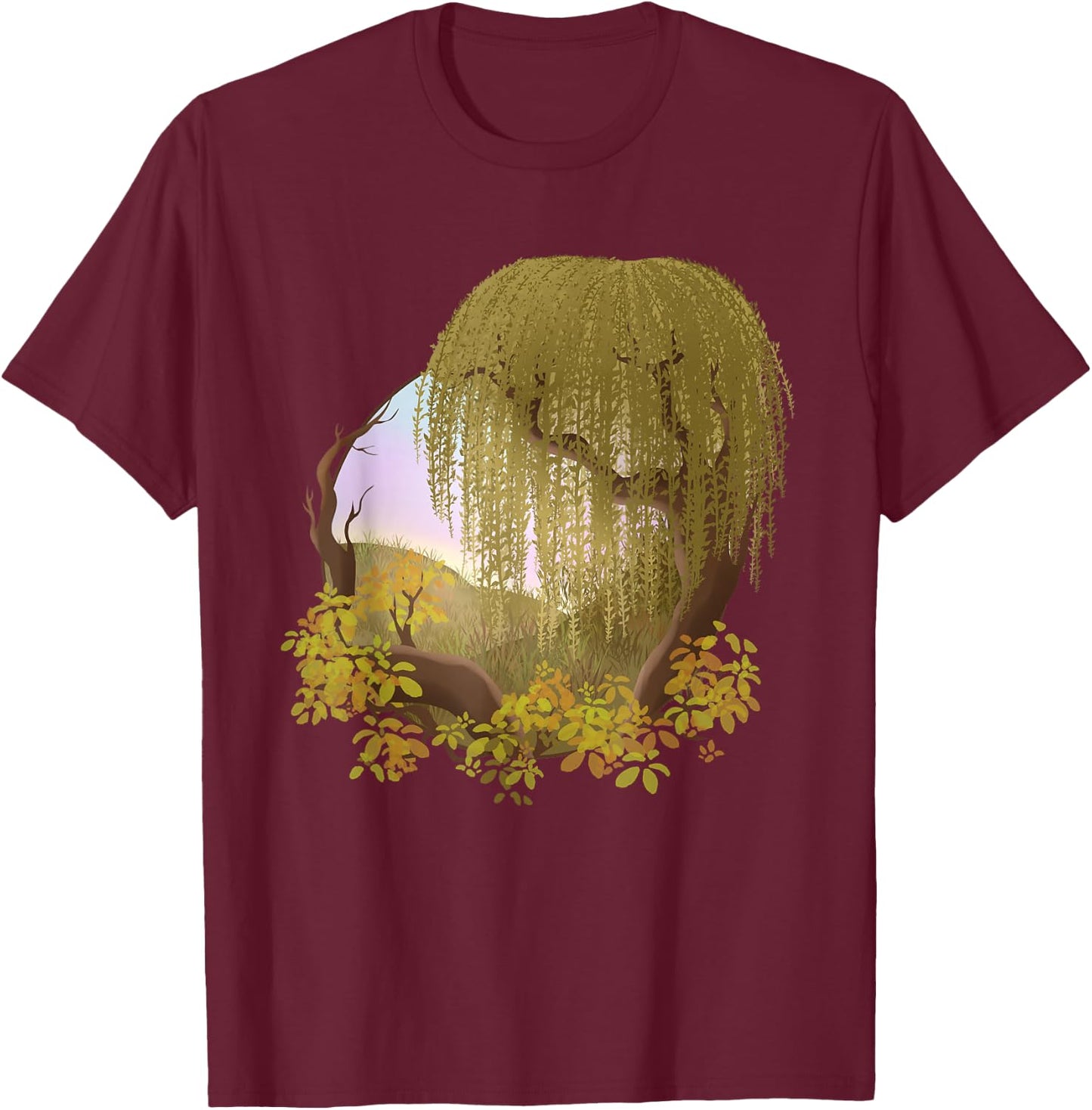 Hill Landscape with Tree Weeping Willow T-Shirt - T-Shirt | Maroon
