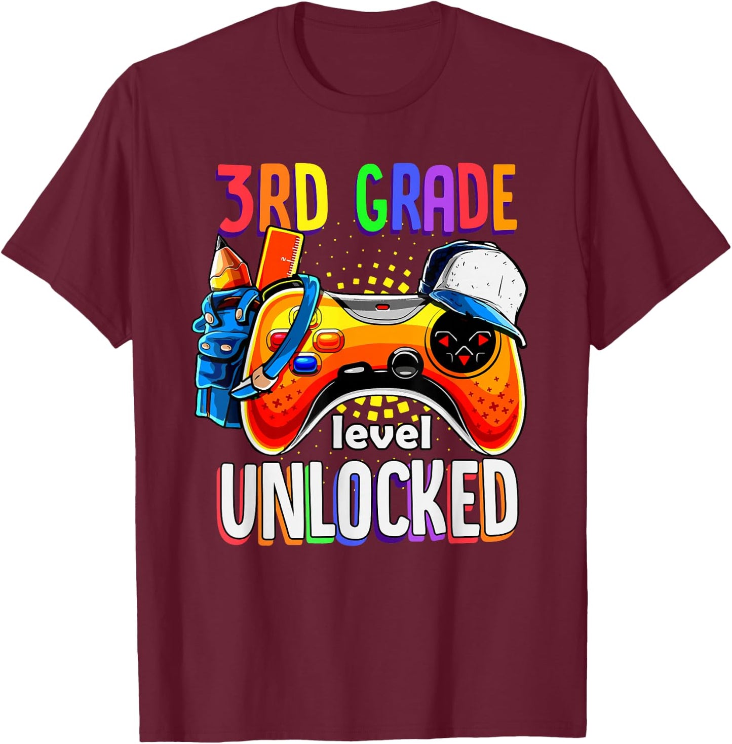 Gamer Back To School Gamepad 3rd Third Grade Level Unlocked T-Shirt - T-Shirt | Maroon