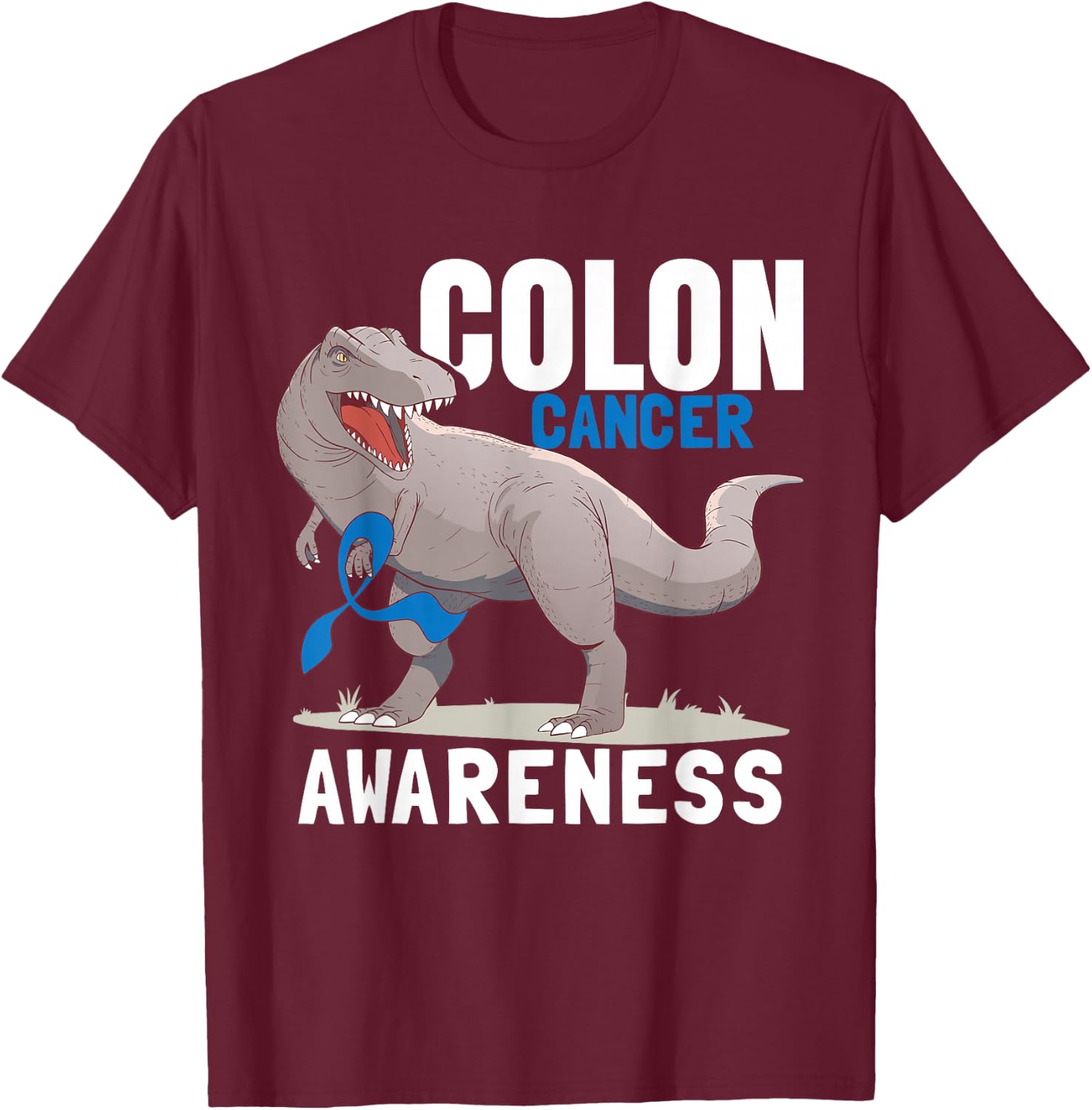 Dinosaur Blue Ribbon Colorectal Colon Cancer Awareness T-Shirt - T-Shirt | Maroon