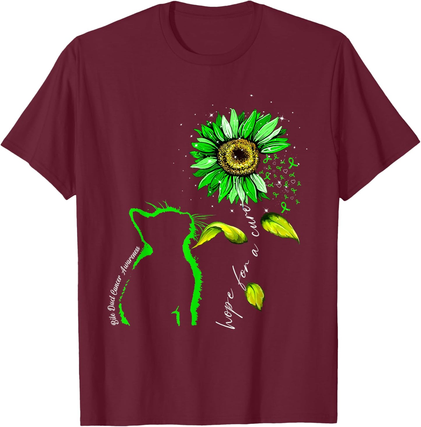 Sunflower Cat Green Bile Duct Cancer Awareness T-Shirt - T-Shirt | Maroon