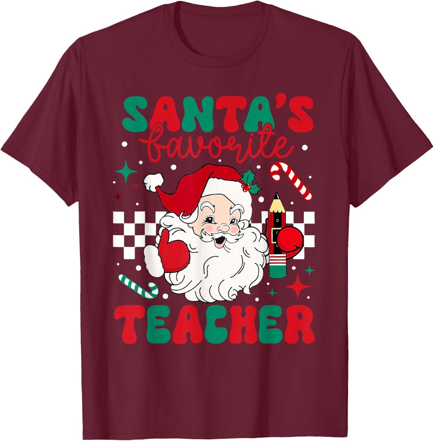 Santa's Favorite Teacher Christmas Retro Xmas Santa Claus PJ T-Shirt - T-Shirt | Maroon
