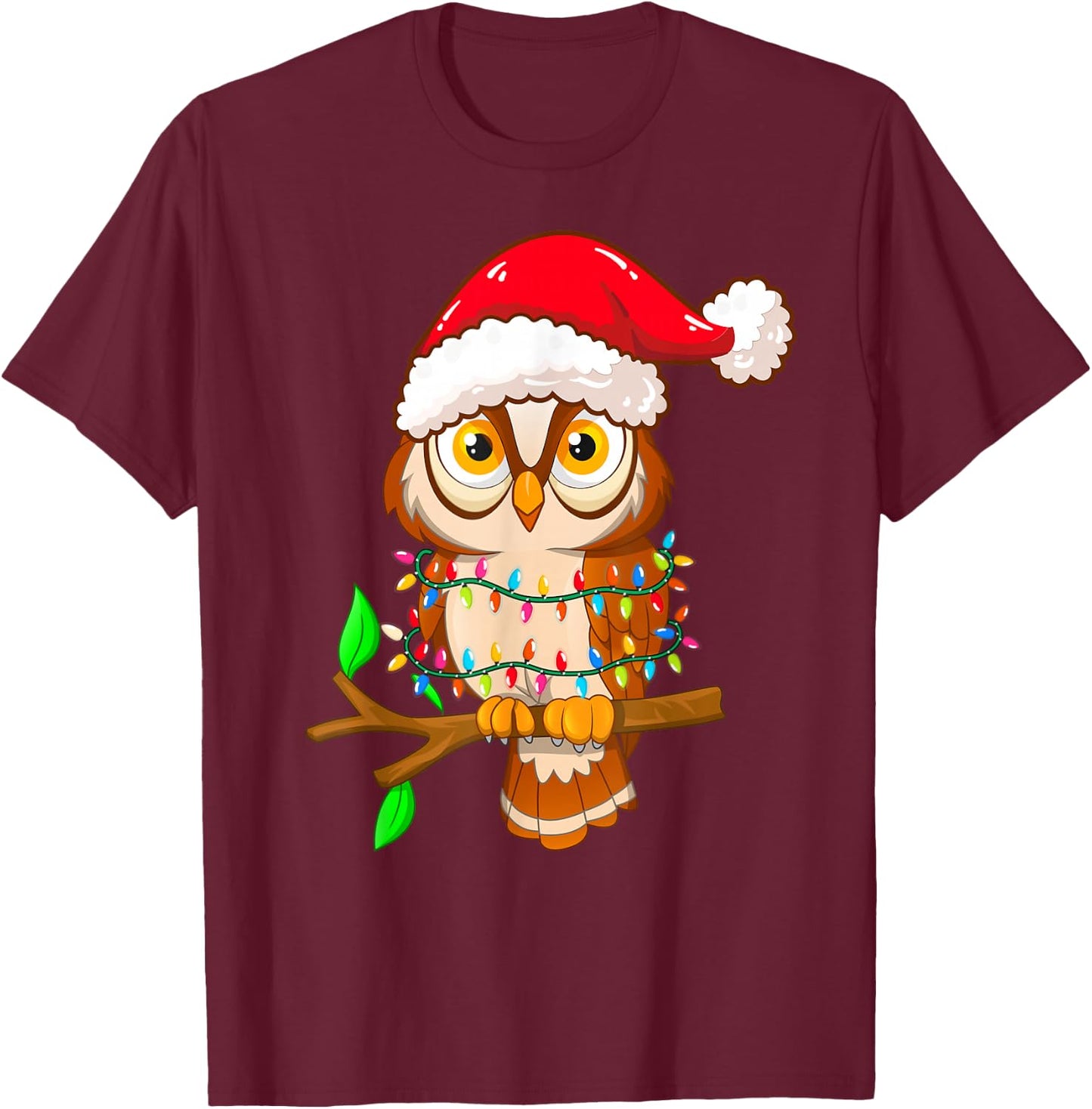Christmas Lights Owl Wearing Xmas Hat - Cute Owl Lover Kids T-Shirt - T-Shirt | Maroon