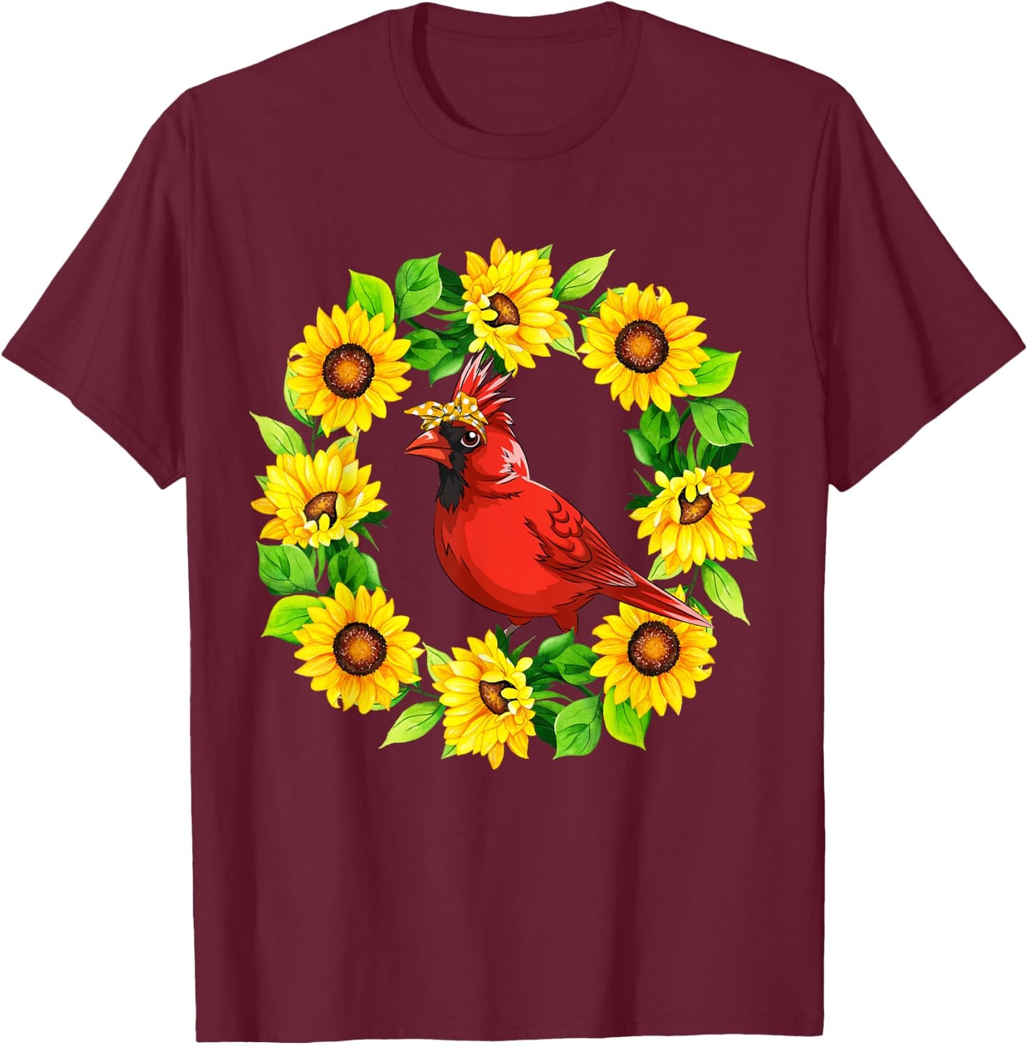 Cardinal Bird Bow Tie In Sunflowers Circle Animal Lover Kids T-Shirt - T-Shirt | Maroon