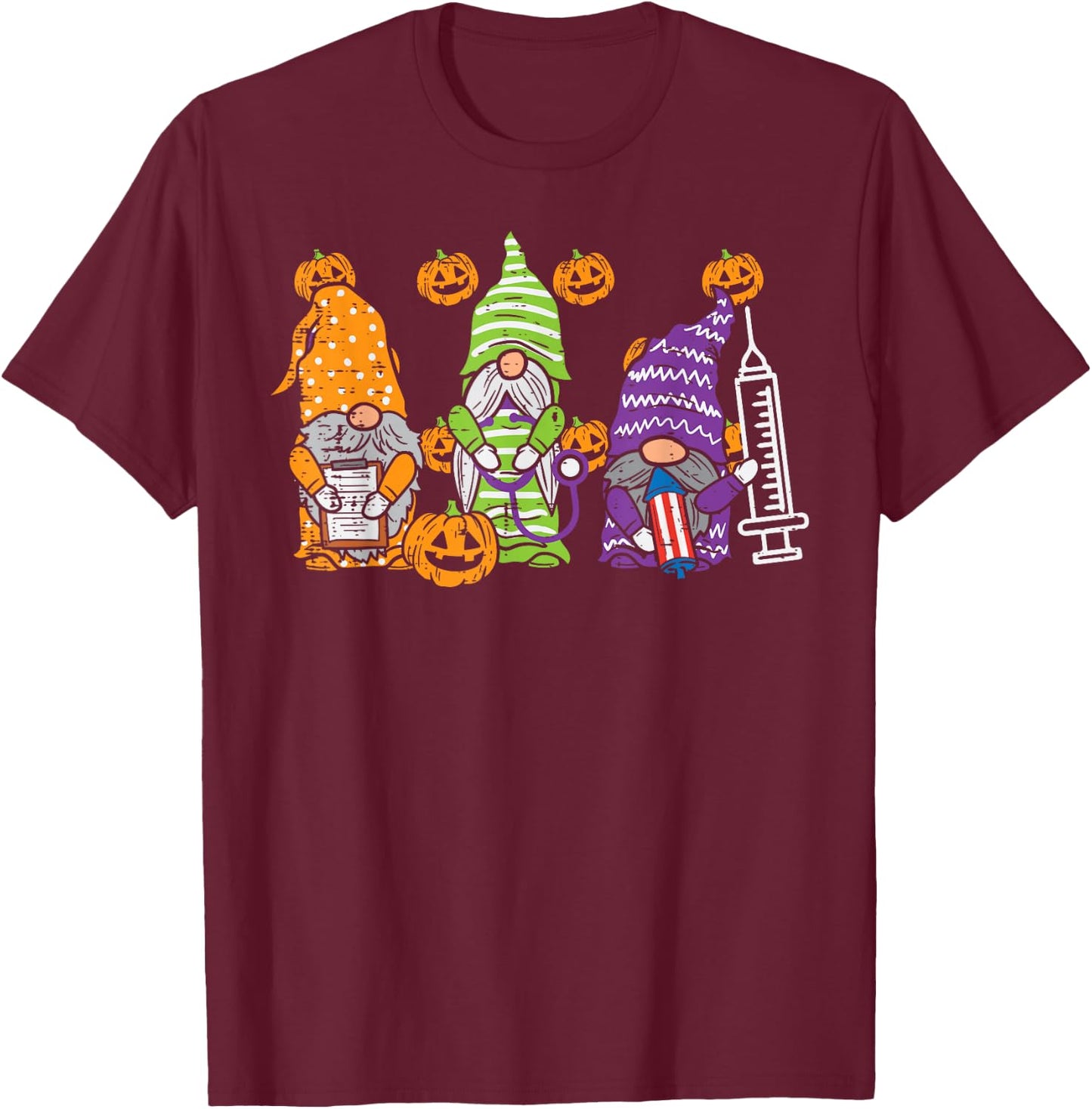 3 Halloween Gnome Nurses Funny Costume Nursing Men Women T-Shirt - T-Shirt | Maroon