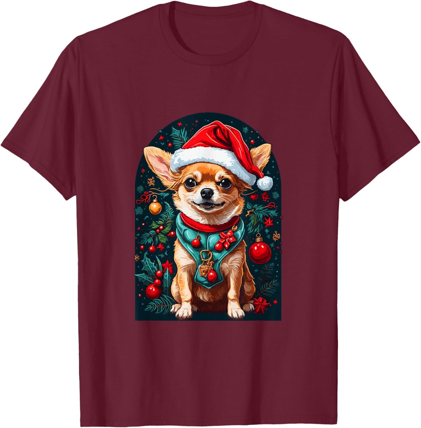 Funny Chihuahua with Santa Hat Xmas T-Shirt - T-Shirt | Maroon