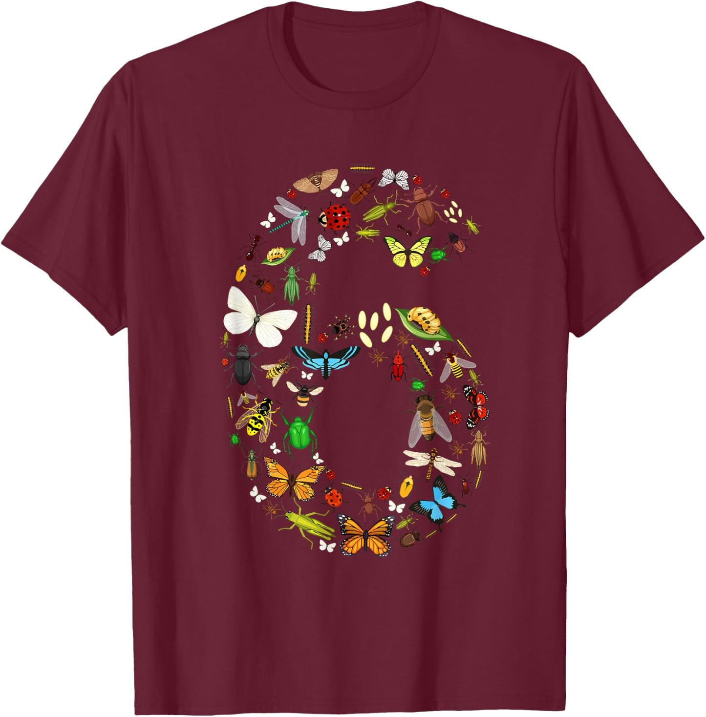 6 Years Old Six Bug 6th Birthday Bugs Insects Boy Girl T-Shirt - T-Shirt | Maroon