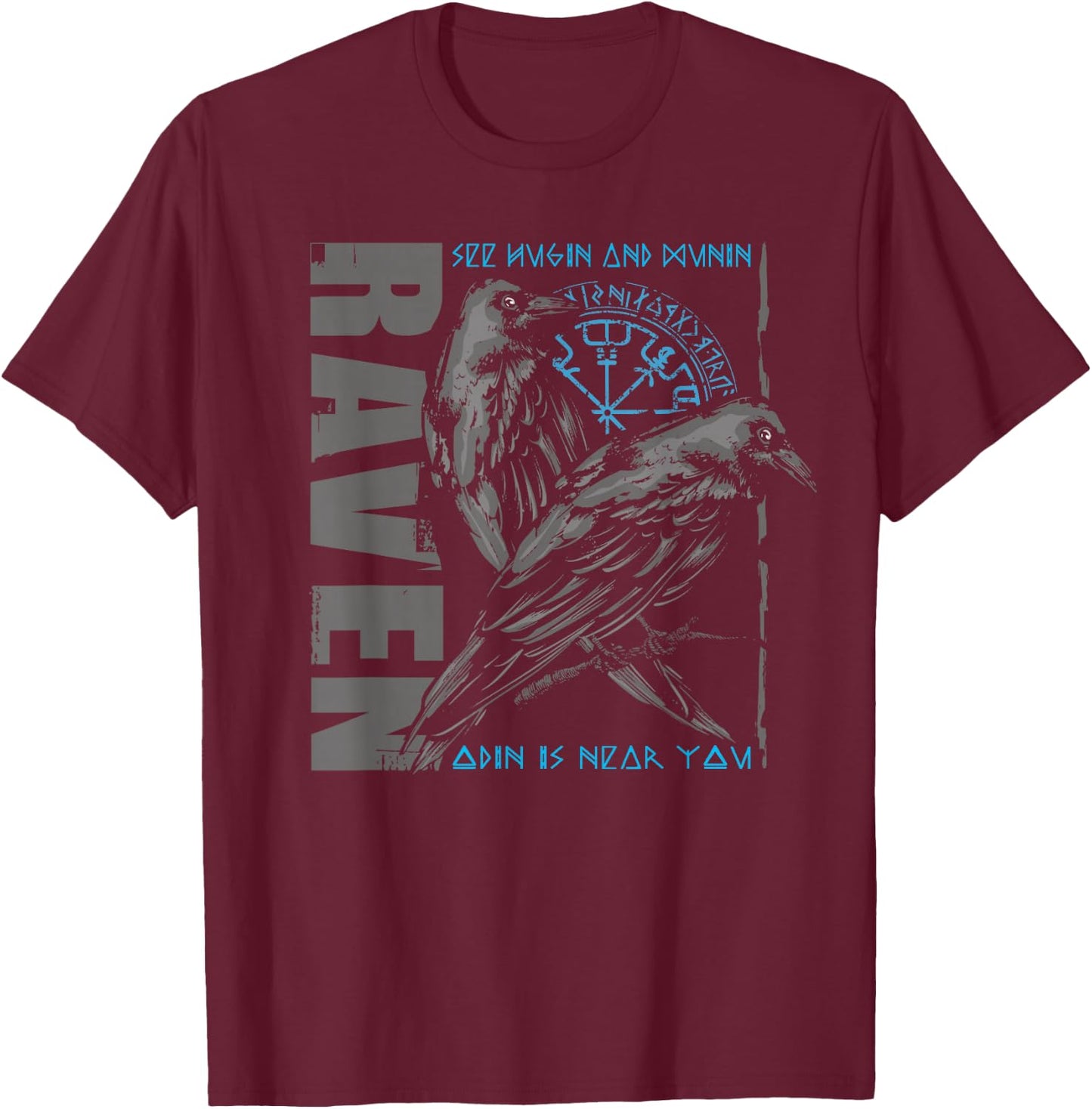 Valhalla Raven Ravens Odin's Runes Norse Compass Viking T-Shirt - T-Shirt | Maroon