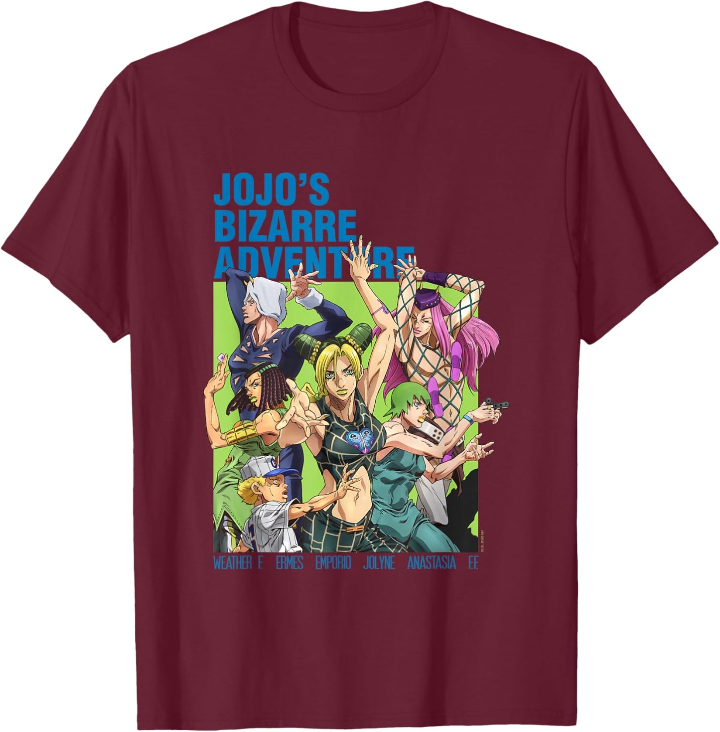 JoJo's Bizarre Adventure Part 6 Stone Ocean Group Pose Anime T-Shirt - T-Shirt | Maroon