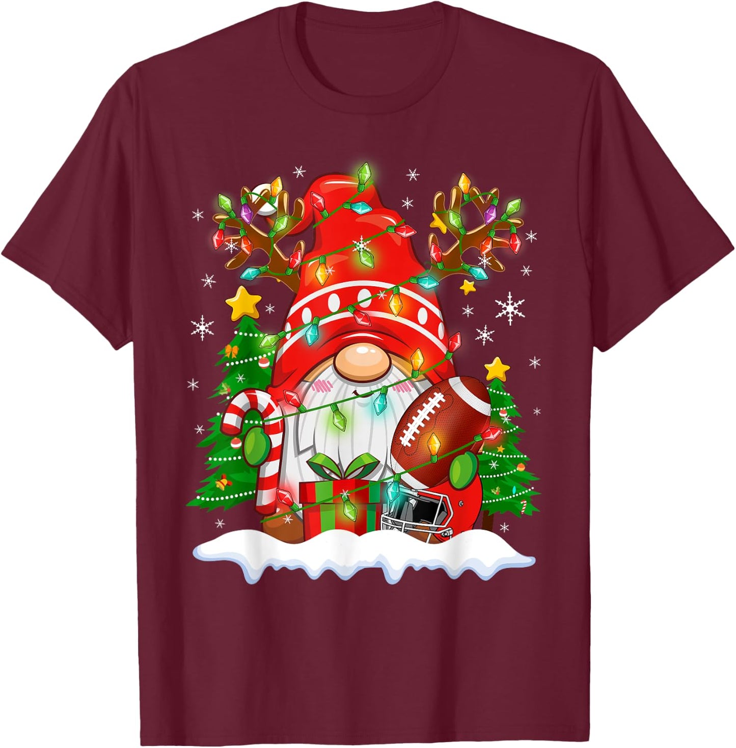 Funny Reindeer Gnome & Football Ball Christmas Lights Xmas T-Shirt - T-Shirt | Maroon