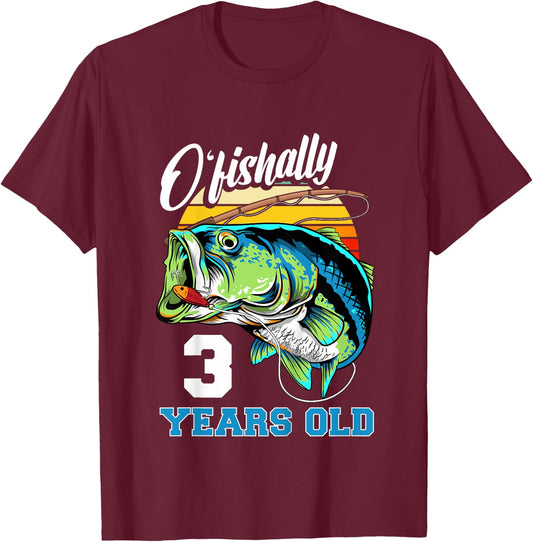 Ofishally 3 Years Old Fisherman 3rd Birthday Fishing T-Shirt - T-Shirt | Maroon