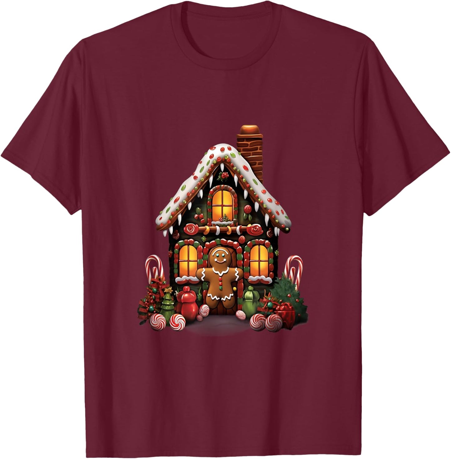 Christmas Gingerbread House Candy Cane X-Mas Pajamas Party T-Shirt - T-Shirt | Maroon