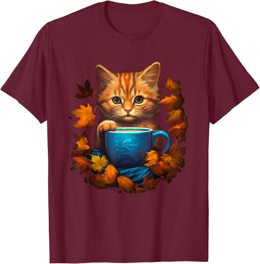 Funny Cat & Coffee Fall Autumn Leaves For Cat Lovers Costume Men Women T-Shirt - T-Shirt | Maroon