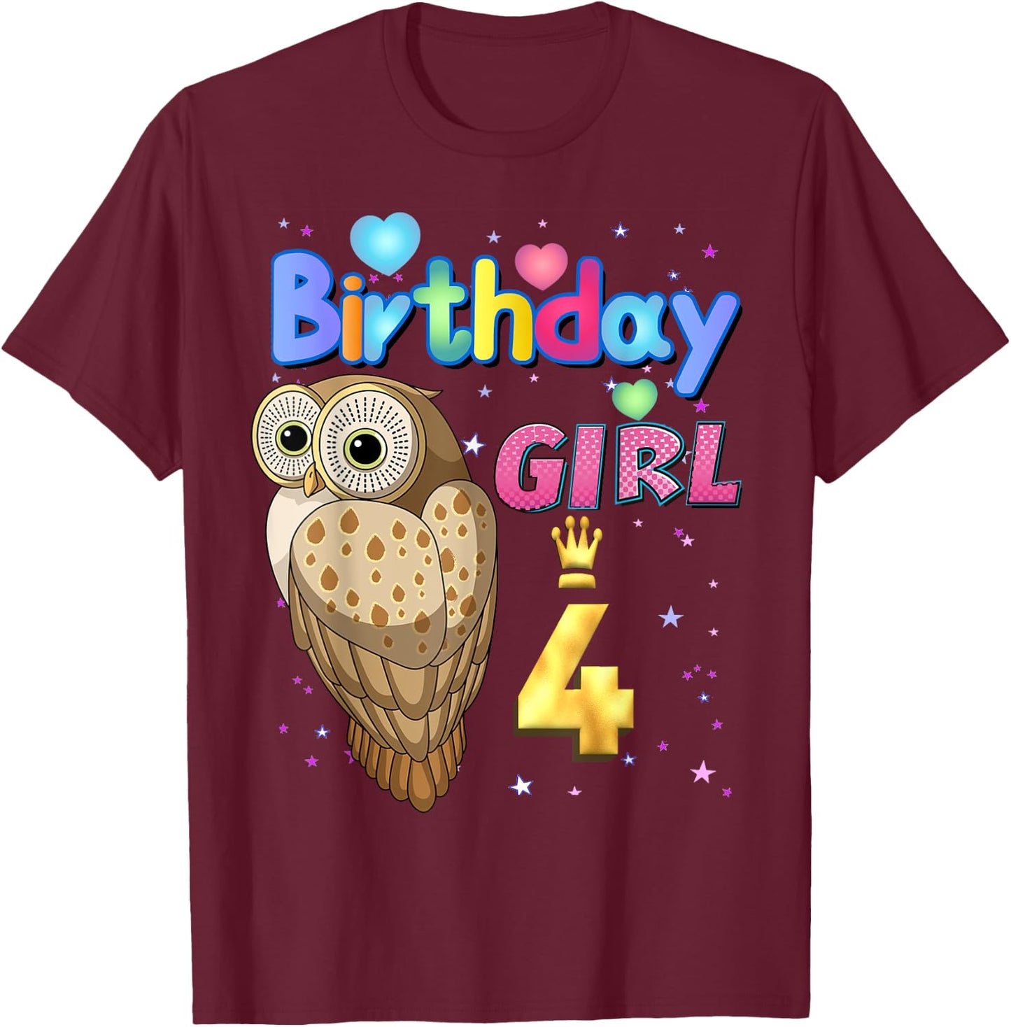 Kids 4 Years Old Owl Its my 4th birthday Girl Owl T-Shirt - T-Shirt | Maroon