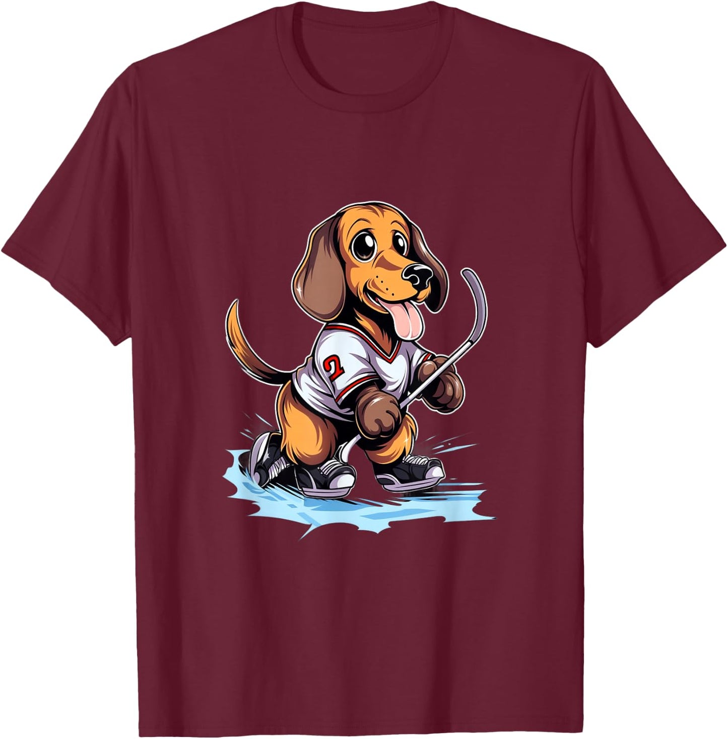 Dachshund Ice Hockey Player Dog Hockey Stick Goalie T-Shirt - T-Shirt | Maroon