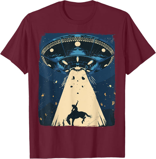 Alien Abduction Outer Space Western Rodeo Cowboy T-Shirt - T-Shirt | Maroon