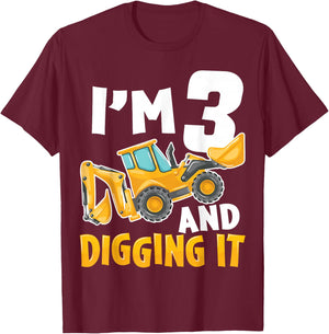 I'm Three 3 Year Old 3rd Birthday Boy Construction Excavator T-Shirt - T-Shirt | Maroon