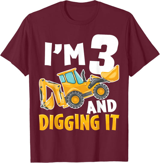 I'm Three 3 Year Old 3rd Birthday Boy Construction Excavator T-Shirt - T-Shirt | Maroon