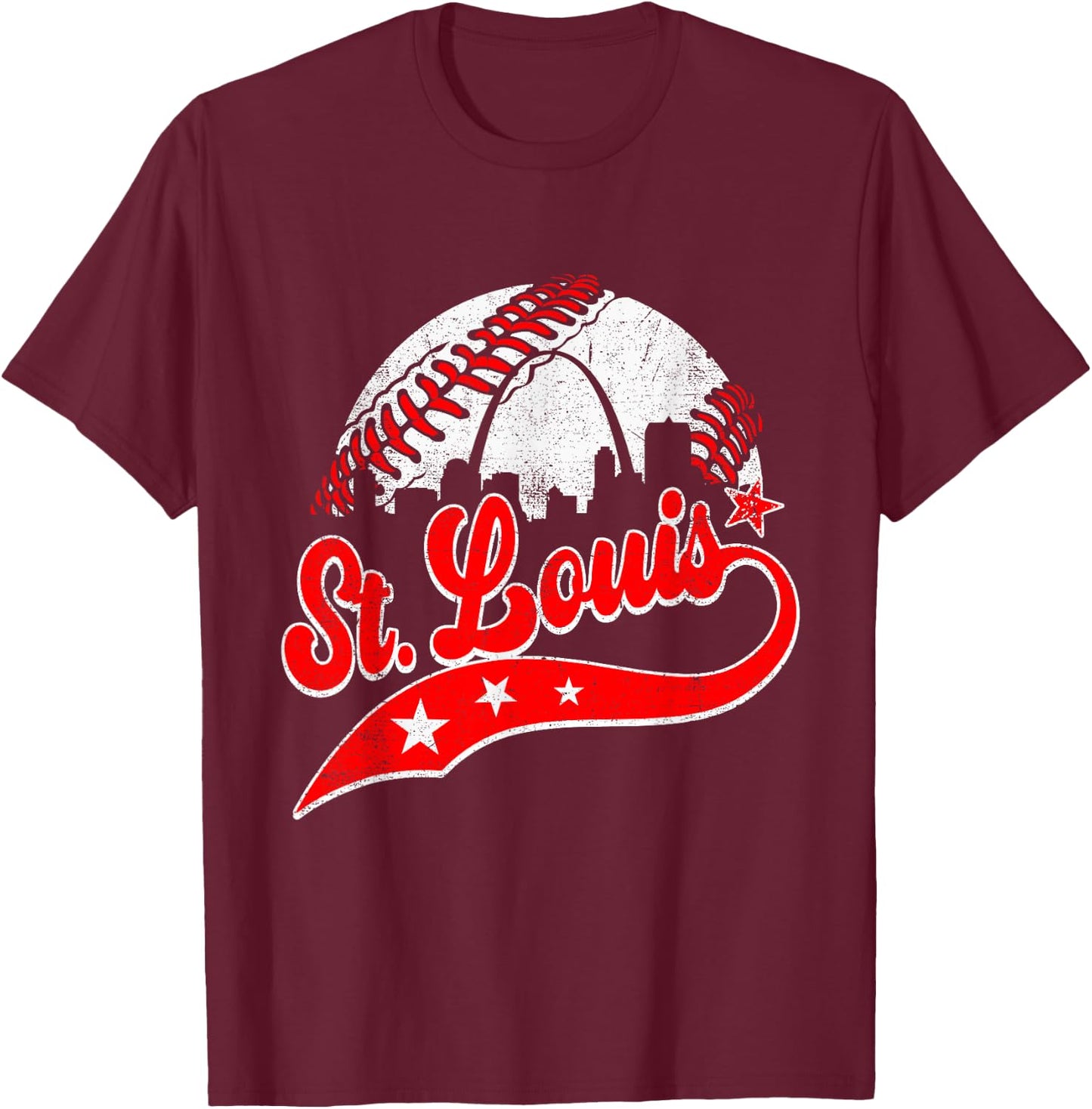St. Louis Cityscape Distressed Baseball Men Women Kids T-Shirt - T-Shirt | Maroon