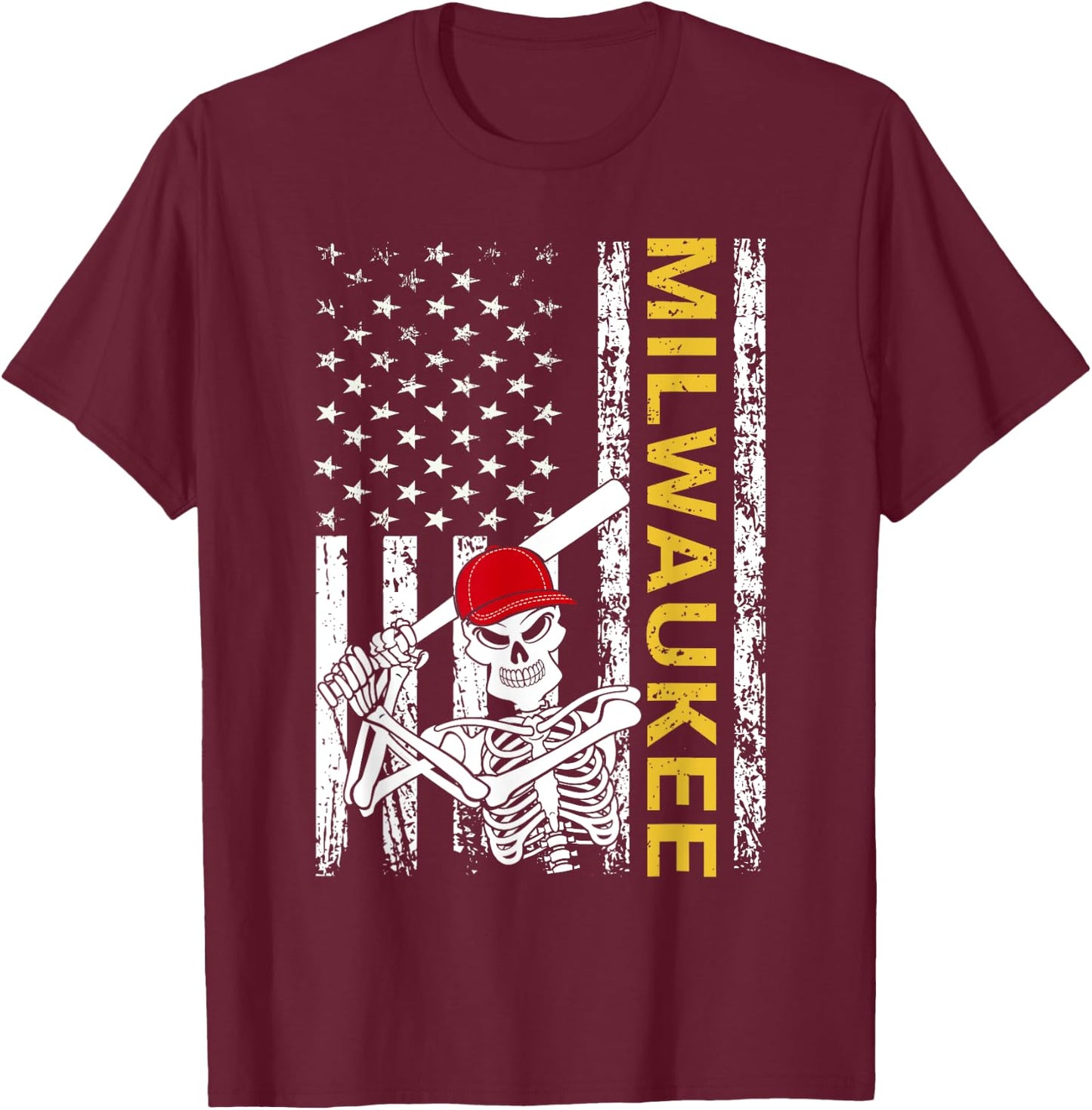 Milwaukee Halloween US Flag Skeleton Baseball Players T-Shirt - T-Shirt | Maroon