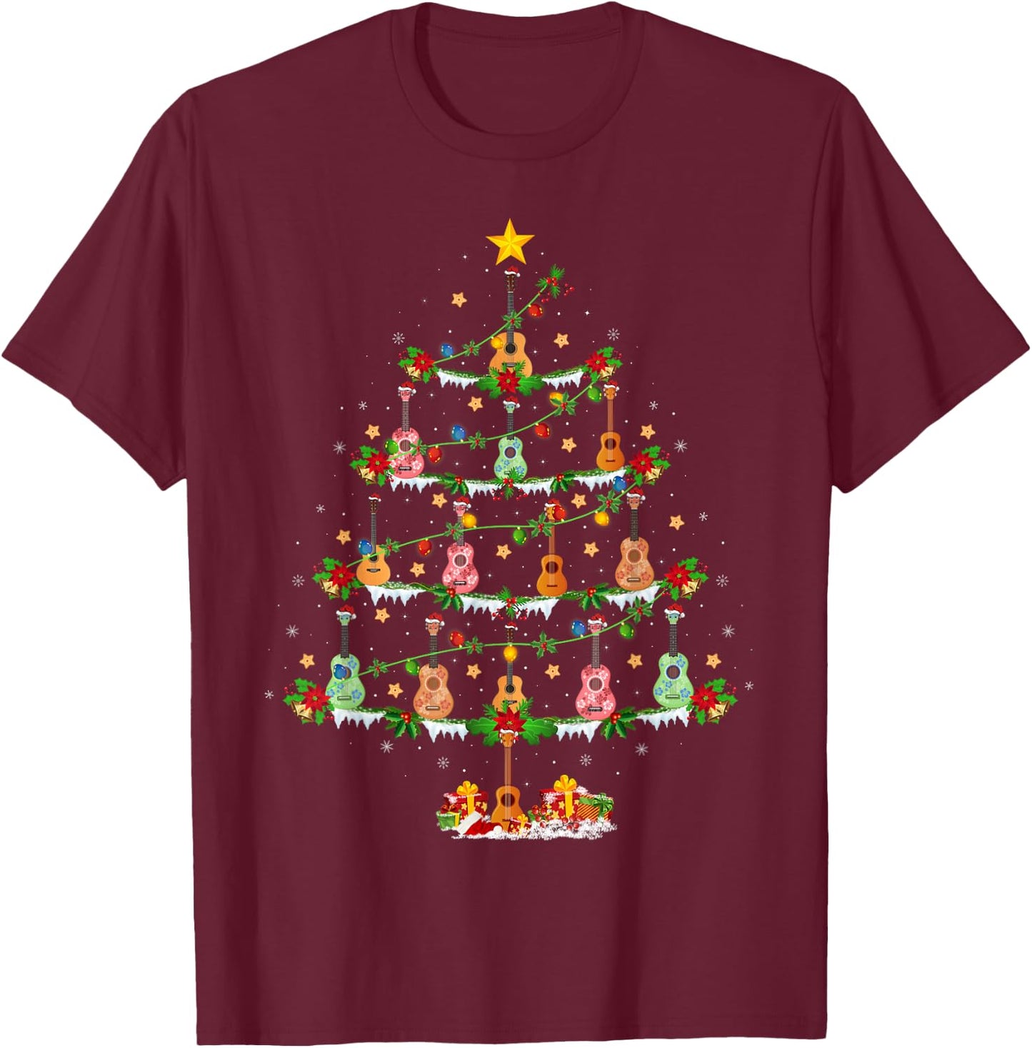 Ukulele Lover Xmas Lighting Santa Ukulele Christmas Tree T-Shirt - T-Shirt | Maroon