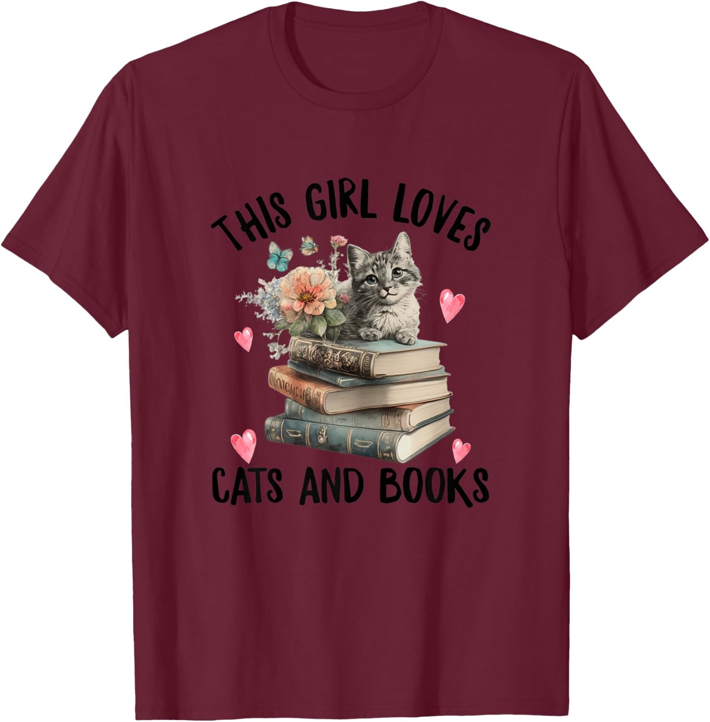 This Girl Loves Cats and Books ok? Funny Cat Watercolor T-Shirt - T-Shirt | Maroon
