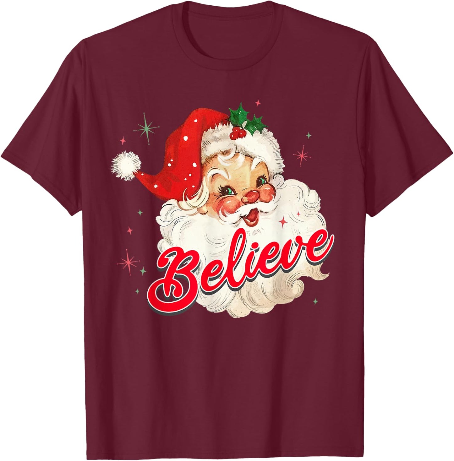 Vintage Santa Claus Believe Christmas Women Boys Girls T-Shirt - T-Shirt | Maroon