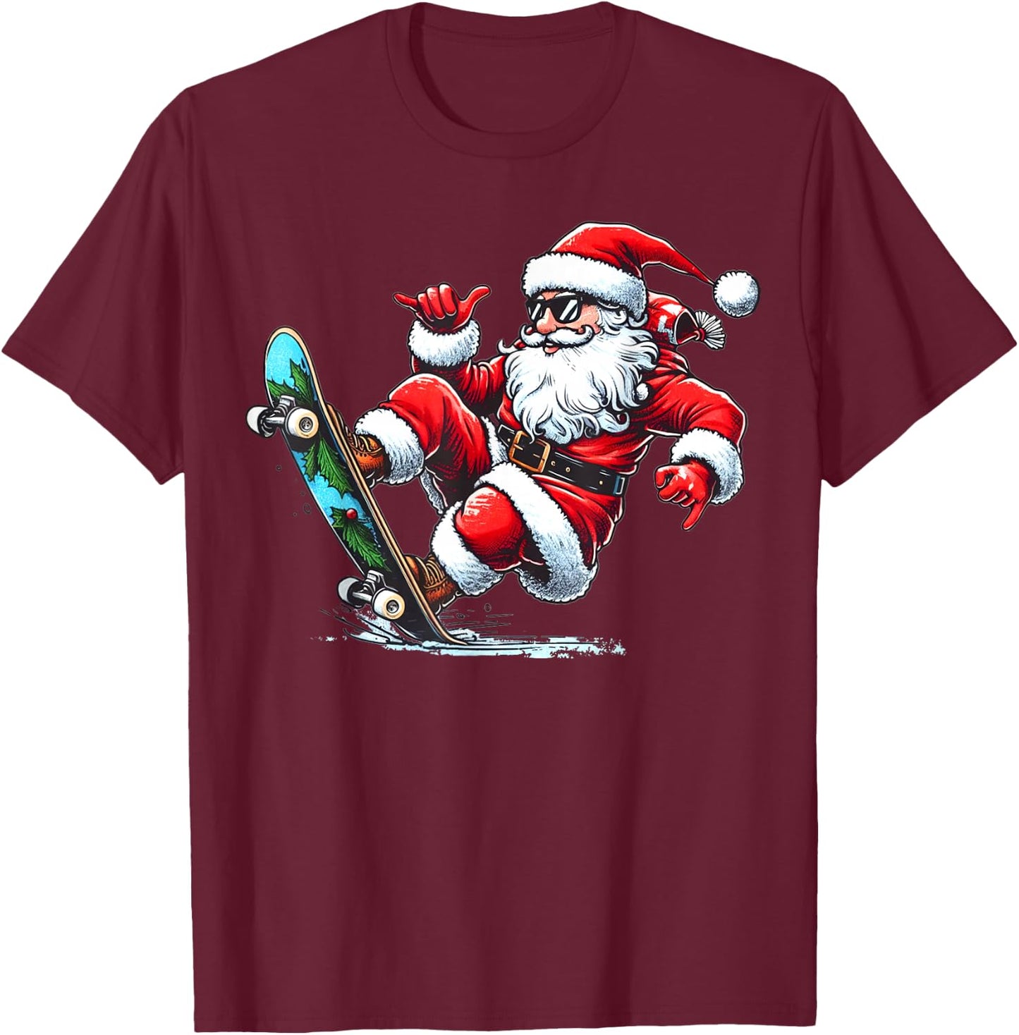 Funny Santa Claus Skateboarding Christmas Gifts Skater Xmas T-Shirt - T-Shirt | Maroon