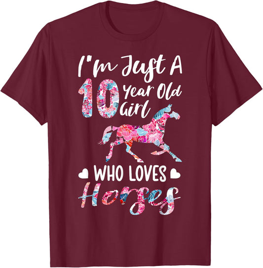 girls 10th Birthday Horse for 10 Year Old Girls T-Shirt - T-Shirt | Maroon