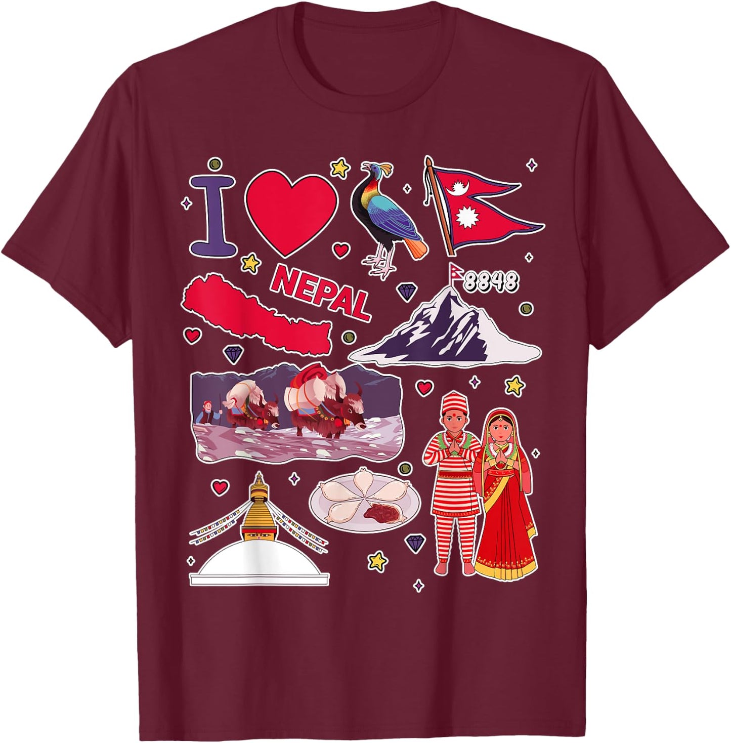 Nepali hand drawn landmarks, Nepal map, cultural icons T-Shirt - T-Shirt | Maroon