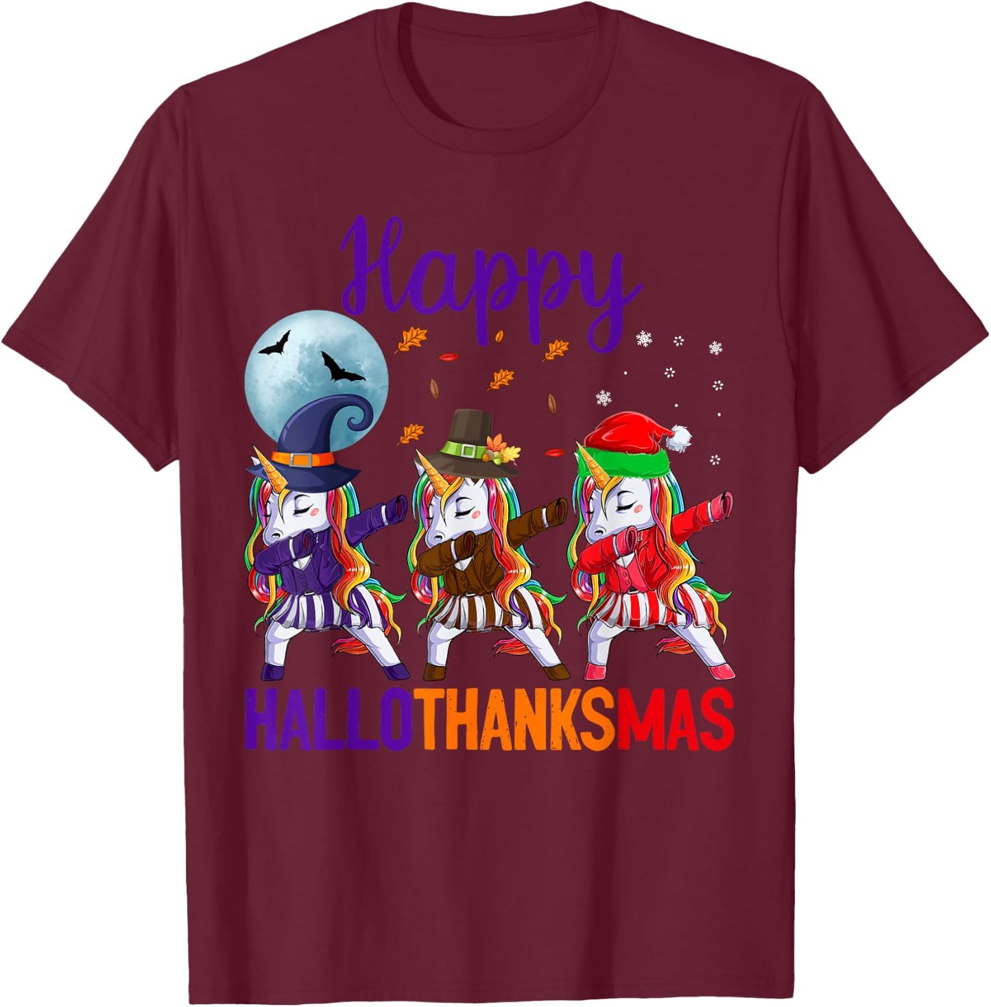 Happy Hallothanksmas Dabbing Unicorn Halloween Thanksgiving T-Shirt - T-Shirt | Maroon