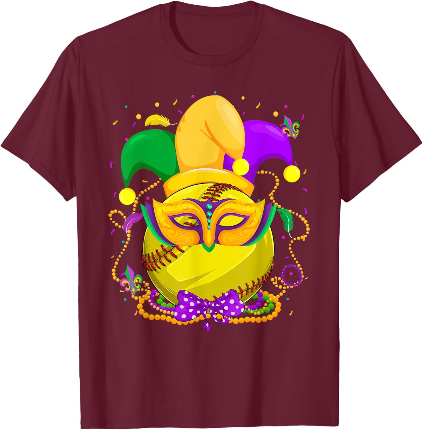 Softball Ball With Jester Hat Mardi Gras Fat Tuesday Parade T-Shirt - T-Shirt | Maroon