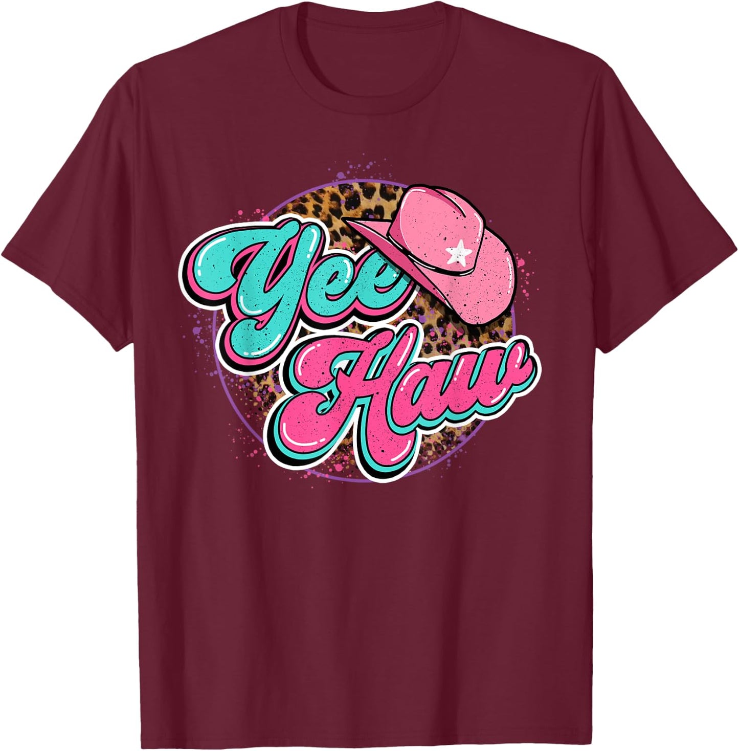 Yeehaw Cowboy Cowgirl Western Country Leopard Rodeo Yee Haw T-Shirt - T-Shirt | Maroon