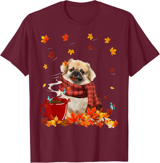 Tibetan Spaniel Fall Red Scarf Autumn Leaf For Dog Lover Men Women T-Shirt - T-Shirt | Maroon