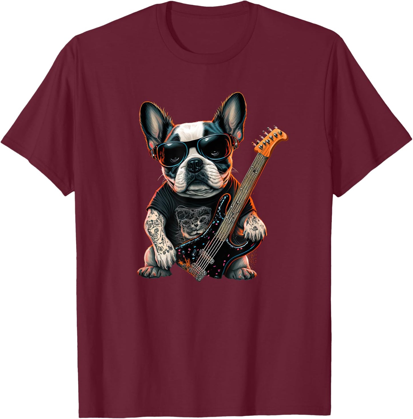 Funny French Bulldog Frenchie Rock and Roll Music Rocker T-Shirt - T-Shirt | Maroon