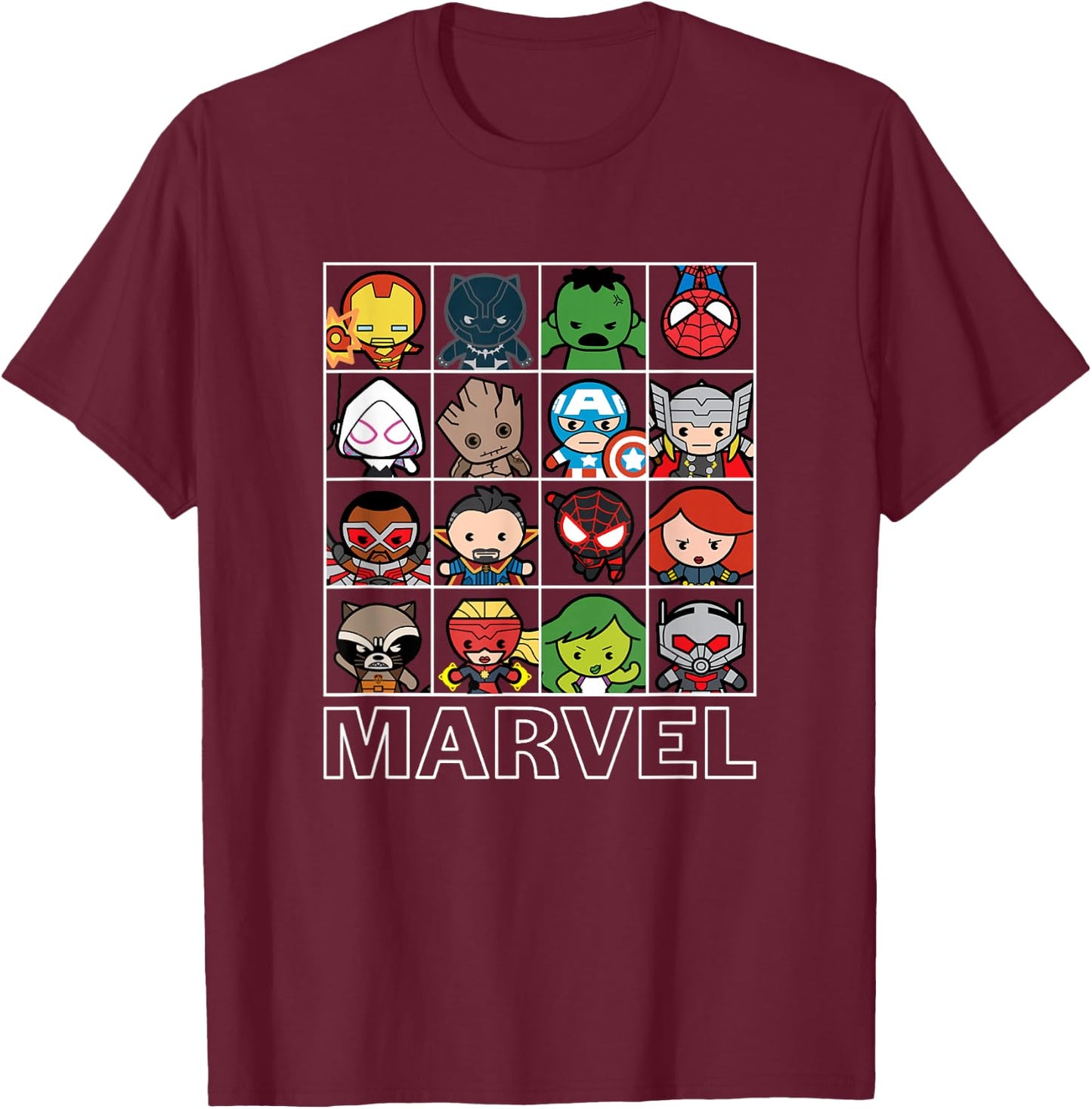 Marvel Kawaii Chibi Iconic Characters Grid Panels T-Shirt - T-Shirt | Maroon