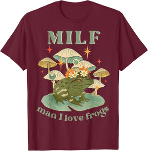 MILF Man I Love Frogs Vintage Retro Frog And Fungi Mushroom T-Shirt - T-Shirt | Maroon