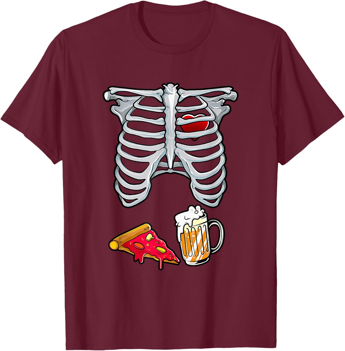 Dad Skeleton Halloween Beer Pizza Funny Pregnancy Couple Men T-Shirt - T-Shirt | Maroon